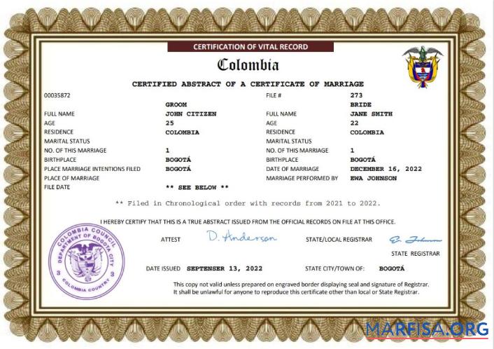 Downloadable Colombia marriage certificate Word and PDF template